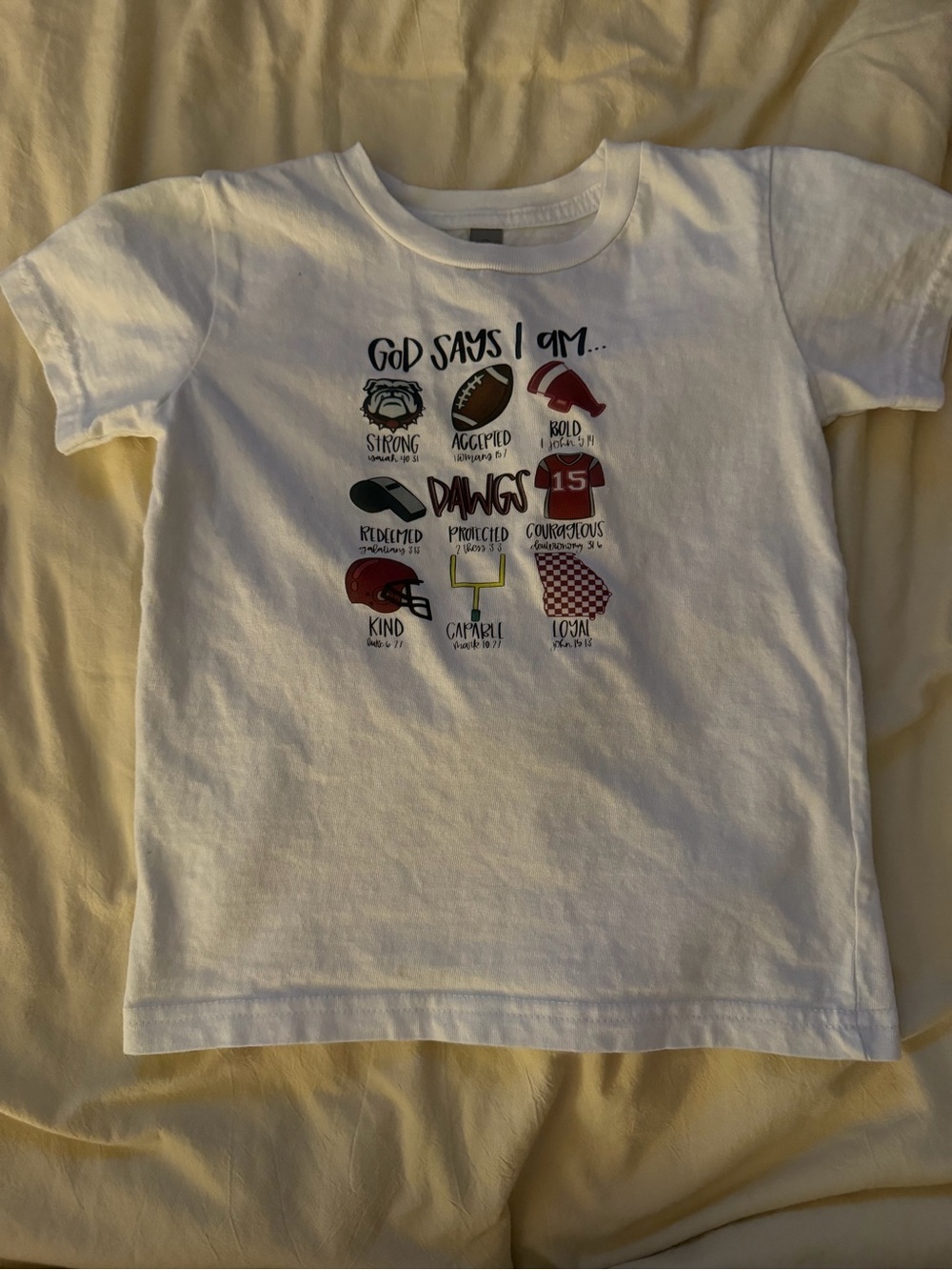 UGA Kids White Graphic Football Tee - 'God Says I Am'